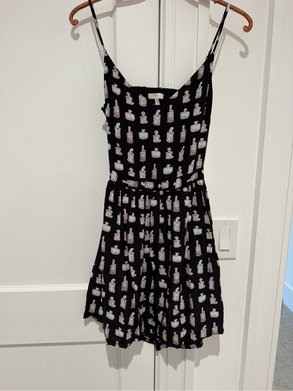 Joie Black Cutout Spaghetti Strap Dress with parfum bottle motif. Size small